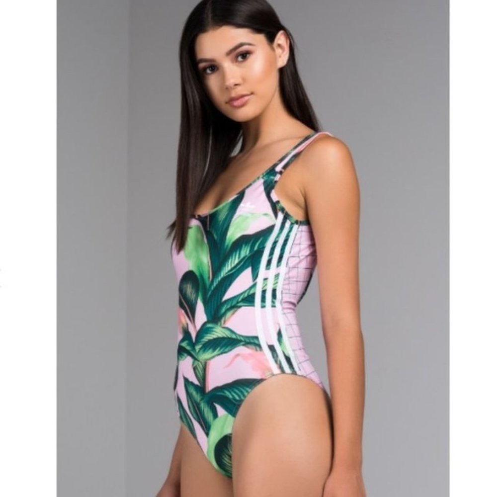 Adidas Originals Women's M Farm Bodysuit DH3070 Tropical palm Leaf Print floral